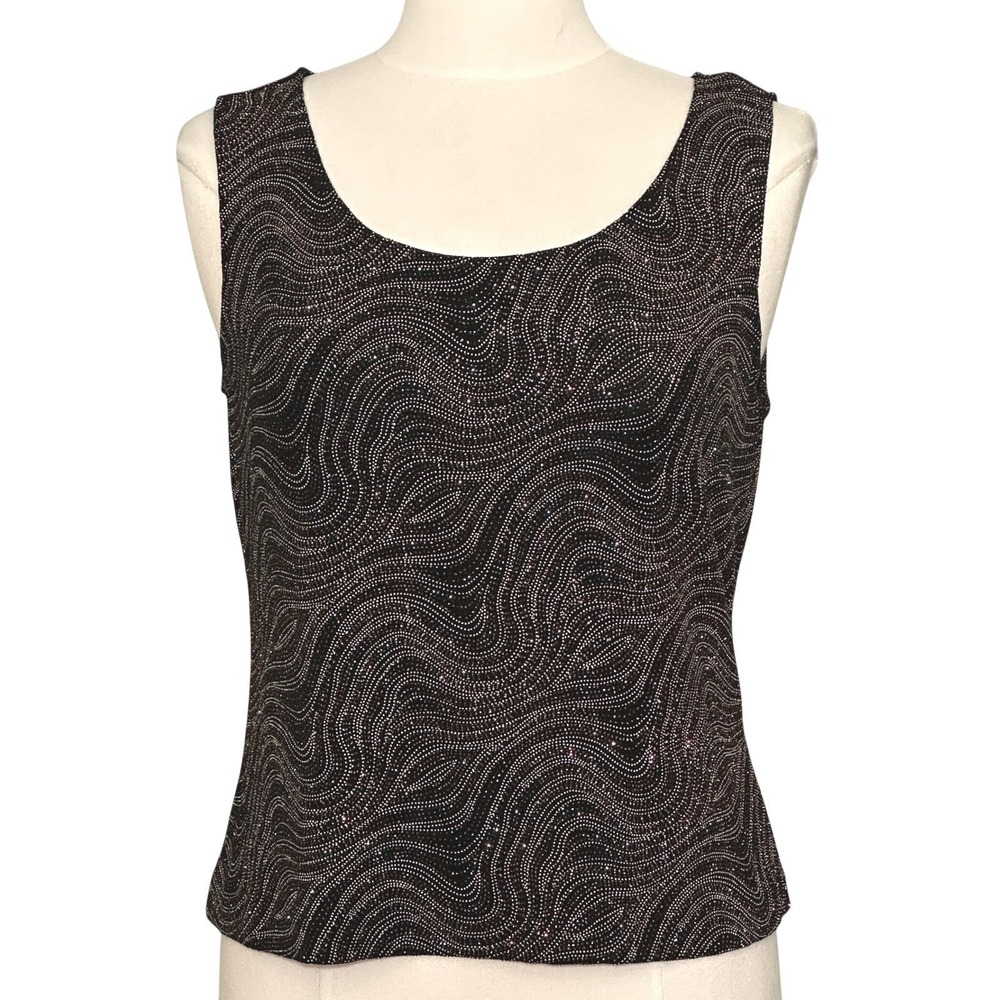 VTG Xscape Chen Womens Top L Black Glitter Swirl Tank Cocktail Evening Y2K Glam